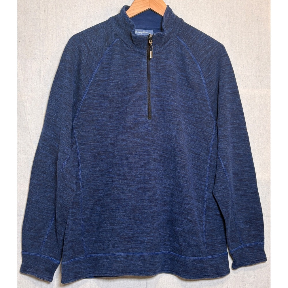 Tommy Bahama Mens Blue Space Dye Quarter Zip‎ Pullover Cotton Tencel Sweater